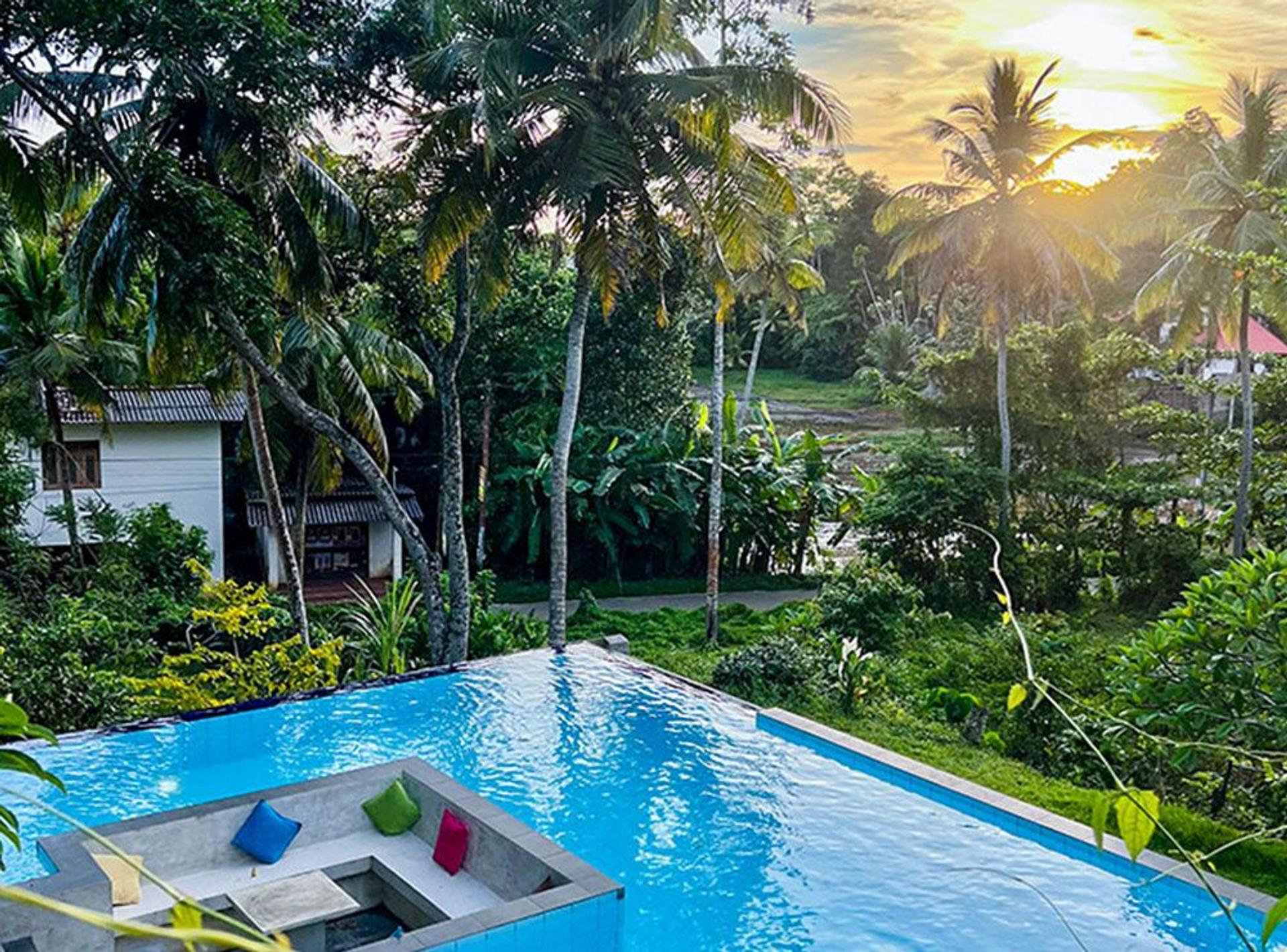Outdoor swimming pool with palm trees at Muthu Nila Villas